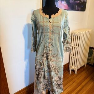 Light Aqua Floral Tunic Dress with Tan Trim